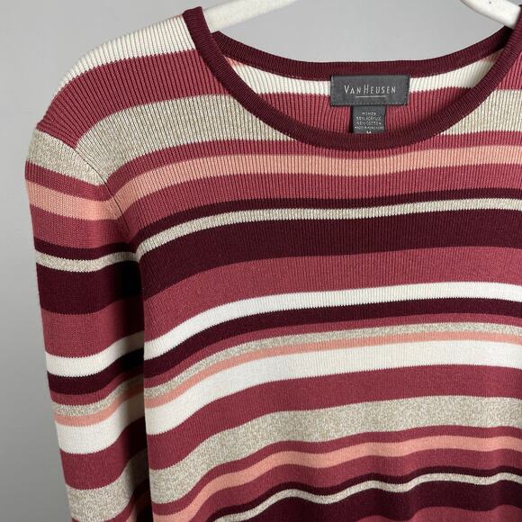 y2k Vintage Van Heusen Striped Sweater Long Sleeve Knit Top Pink Tan Cotton - Picture 10 of 12